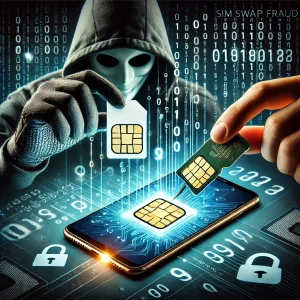 Dall·e 2024 10 22 18.10.49 A Visually Striking Image Illustrating Sim Swap Fraud. The Image Shows A Mobile Phone With A Sim Card Being Extracted By A Hacker's Hand, While Digita