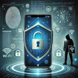 Dall·e 2024 10 22 18.12.09 A Smartphone Surrounded By A Protective Shield Made Of Digital Patterns Such As Locks, Fingerprint Icons, And Encryption Symbols, Representing High Te