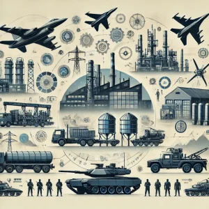Dall·e 2024 10 23 17.05.38 A Graphic Representation Of The Defense Industrial Base, Featuring Various Elements Such As Factories, Industrial Machinery, Military Vehicles, Aircra