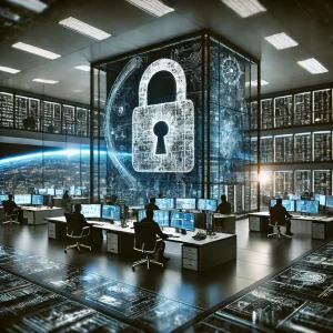 Dall·e 2024 10 23 17.23.07 A Detailed Scene Showing The Contrast Between A Modern Office Building's Cybersecurity Control Room, Filled With Glowing Screens And Complex Data Stre