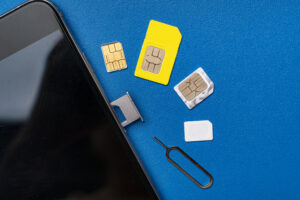 The three various sim cards nano, micro, mini and normal sim, 5g or 4g wireless technology