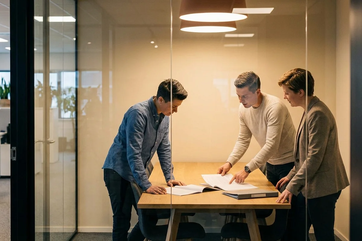 Compliance team and a CMMC Registered Practitioner reviewing a printed compliance package in a small glass-walled meeting room