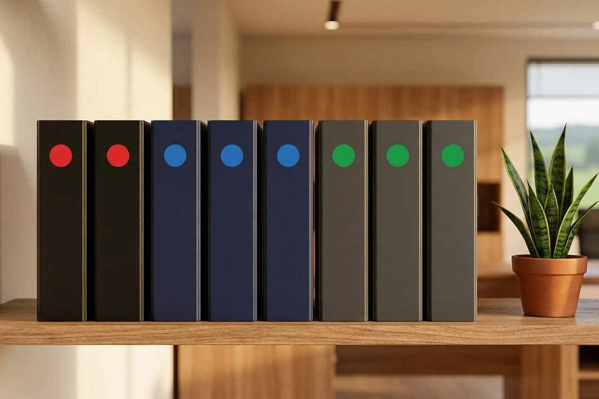 Shelf of organized compliance binders with color-coded labels representing eight frameworks under a single workflow