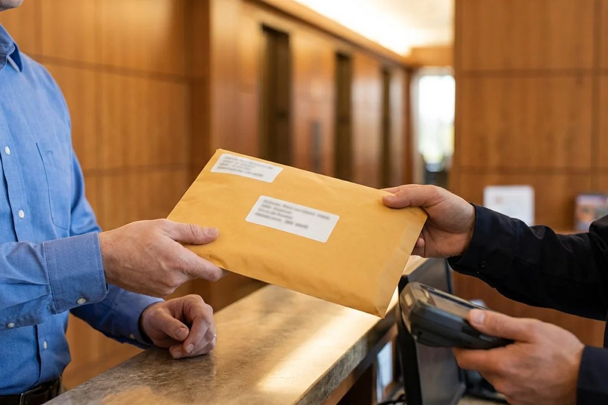 Hands handing off a sealed compliance package envelope to a courier representing assessor-ready delivery
