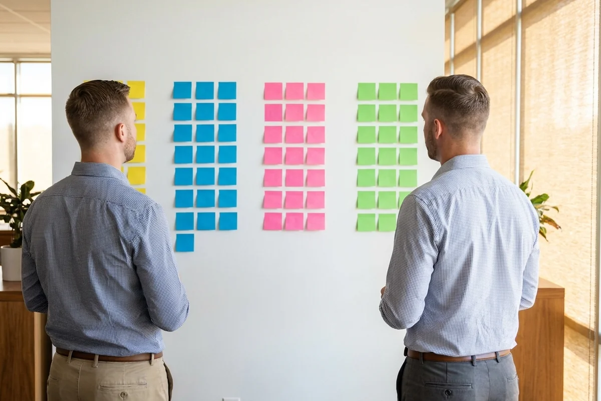 Small-office whiteboard wall with sticky notes in four columns representing the four-step ComplianceArmor workflow