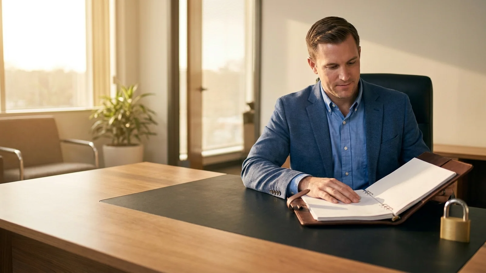 Compliance professional reviewing a complete ComplianceArmor package binder at a Southern US office desk with a physical padlock visible