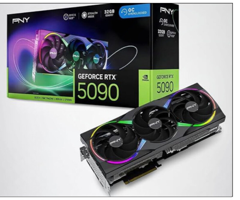 PNY GeForce RTX 5090 32GB ARGB OC triple-fan graphics card for sale, shown with retail box, used and fully tested