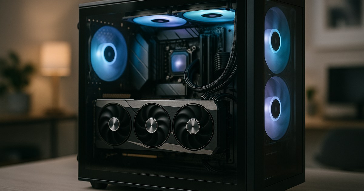 Custom-built AI workstation PC with glass side panel, RGB-lit fans, and a large GPU on a clean desk