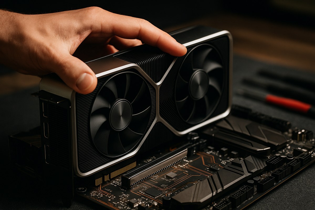 Close-up of a modern GPU being installed into a motherboard PCIe slot under directional workbench light