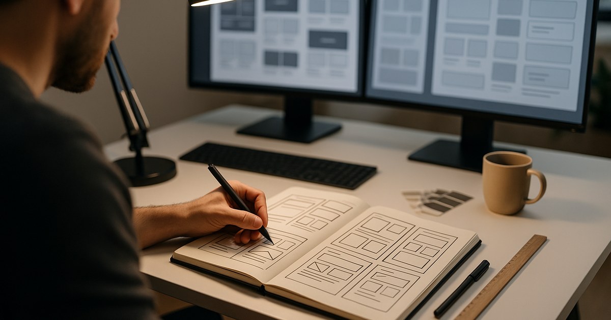 Designer at a drafting desk with dual monitors showing UI wireframes and a sketchpad with pen-and-ink interface drawings