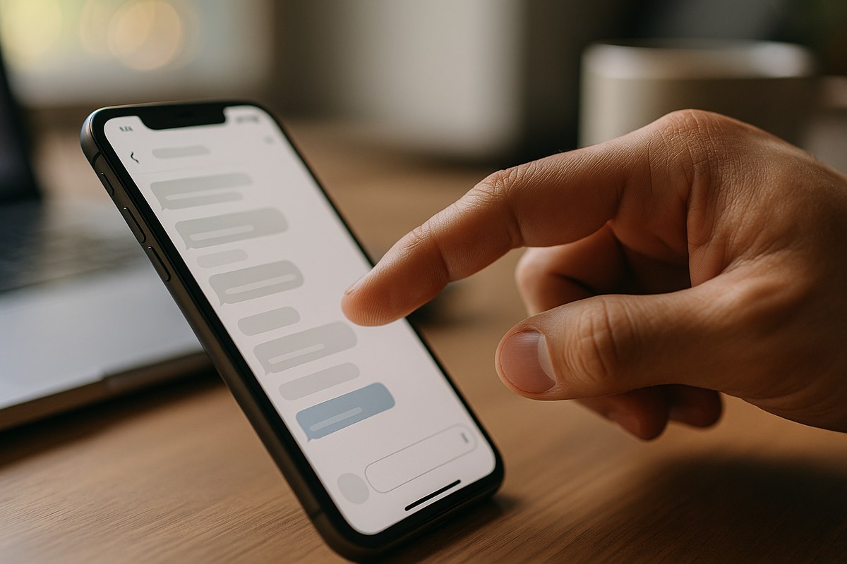 Close-up of a hand pointing at a mobile device showing a clean modern chat interface with a laptop blurred in the background