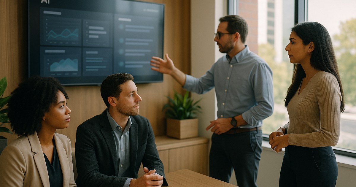 Enterprise team in a Raleigh office reviewing an AI dashboard on a wall-mounted display