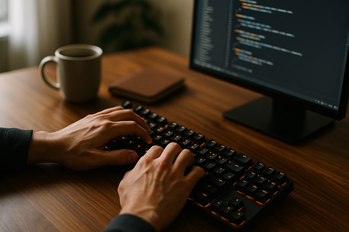Developer hands typing on a backlit mechanical keyboard beside a monitor showing code
