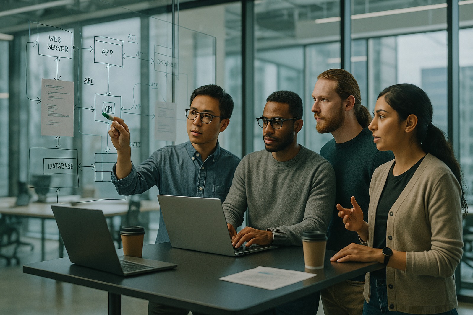 Software engineering team collaborating around a whiteboard with architecture diagrams in a modern office with natural light