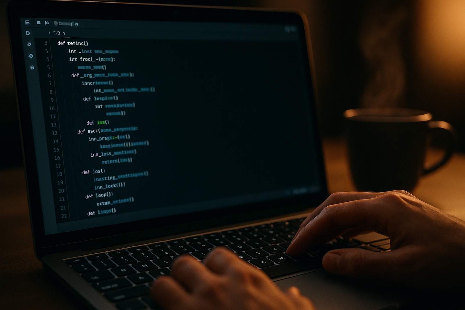 Close-up of a laptop screen showing Python code in a dark-theme IDE with hands on the keyboard and a blurred coffee cup
