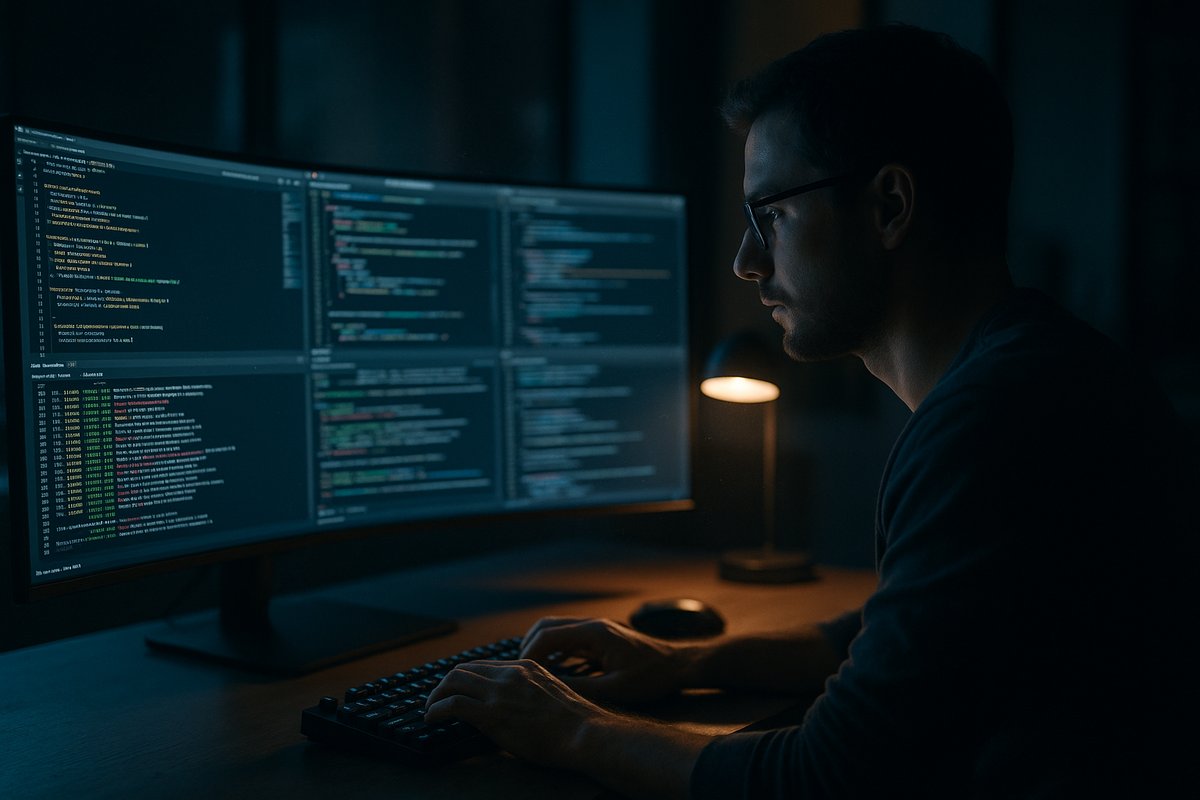 Software engineer working late at a wide curved monitor with multiple terminal windows open showing AI coding agents at work