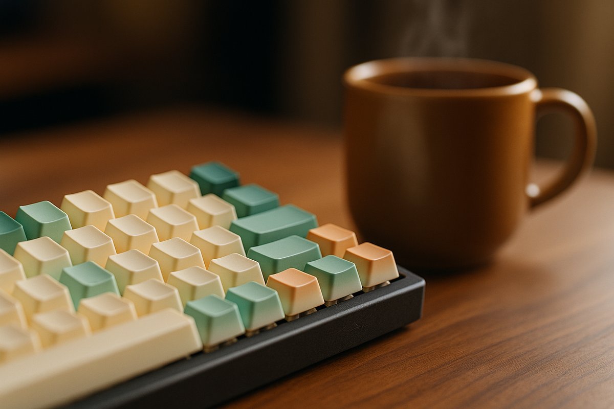Close-up of a mechanical keyboard with colorful keycaps beside a steaming ceramic coffee mug on a walnut developer desk