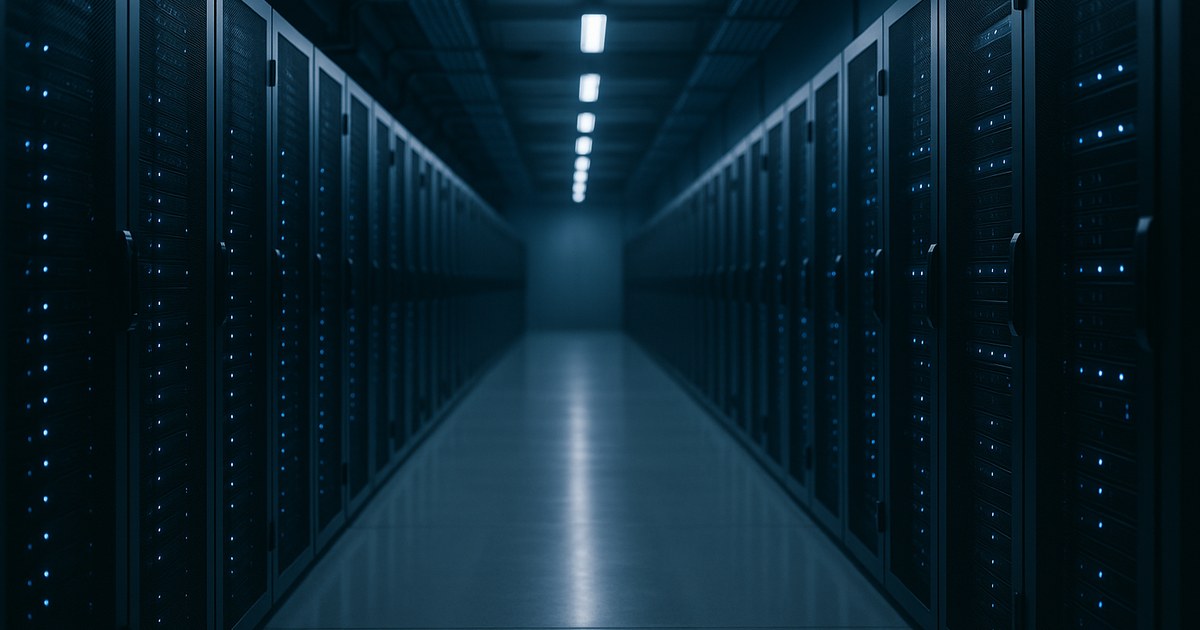 Enterprise data center server aisle with soft blue status LEDs, depth of field, representing custom managed hosting infrastructure