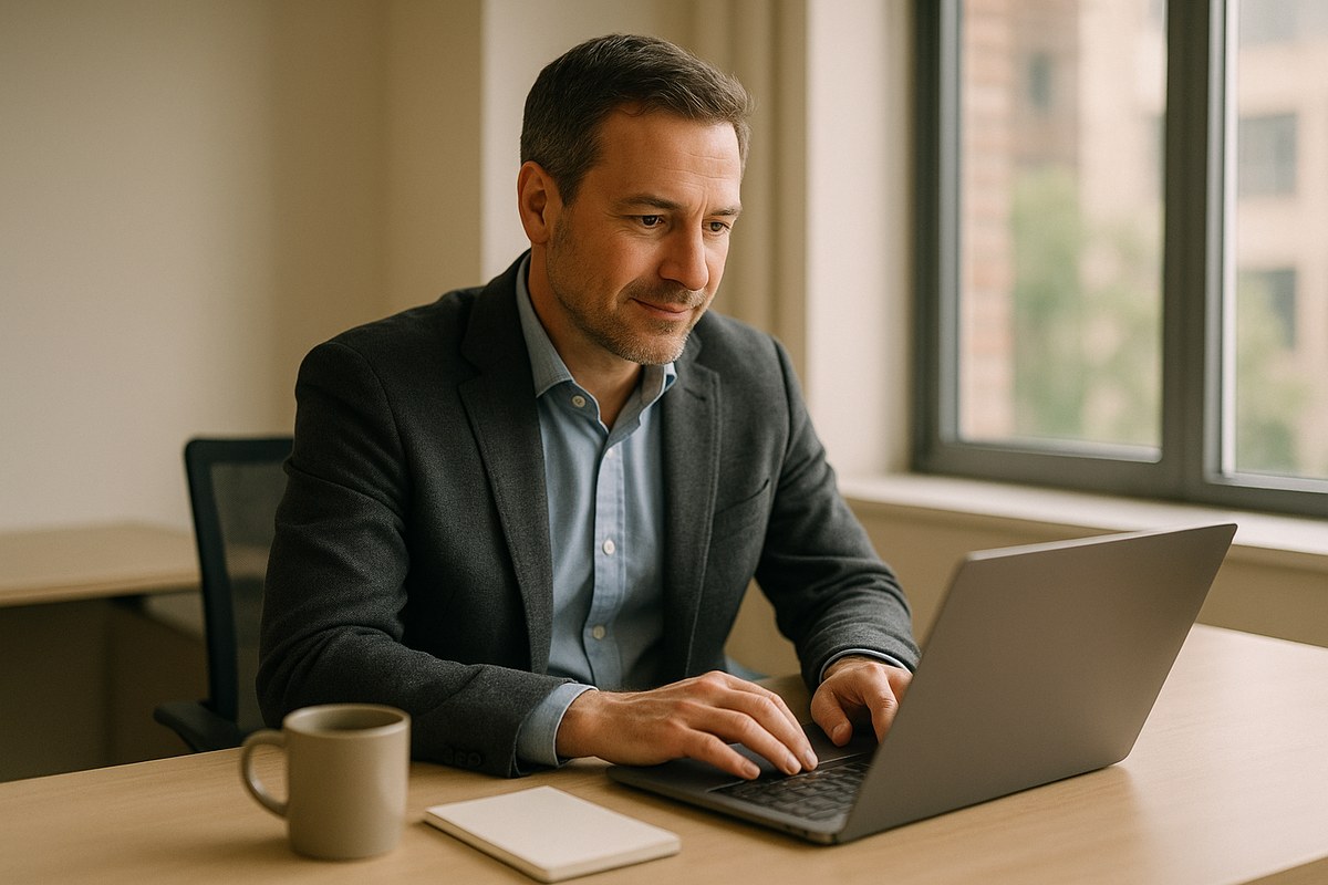 Business owner reviewing a website on a laptop in a bright office, evaluating a hosting migration