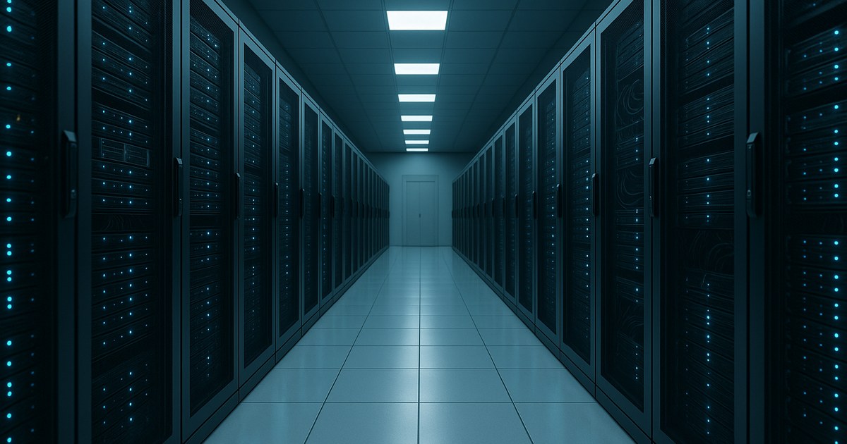 Enterprise server rack aisle with blue LED indicators and cool ambient lighting in a modern data center.