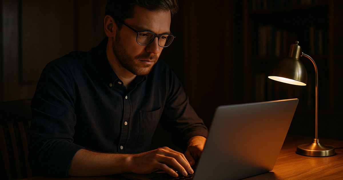 Professional working offline on a laptop at a wooden desk under warm lamp light in a quiet home office.