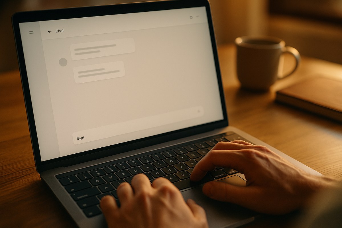 Close-up of a laptop keyboard and screen showing a clean local chat interface in warm window light.
