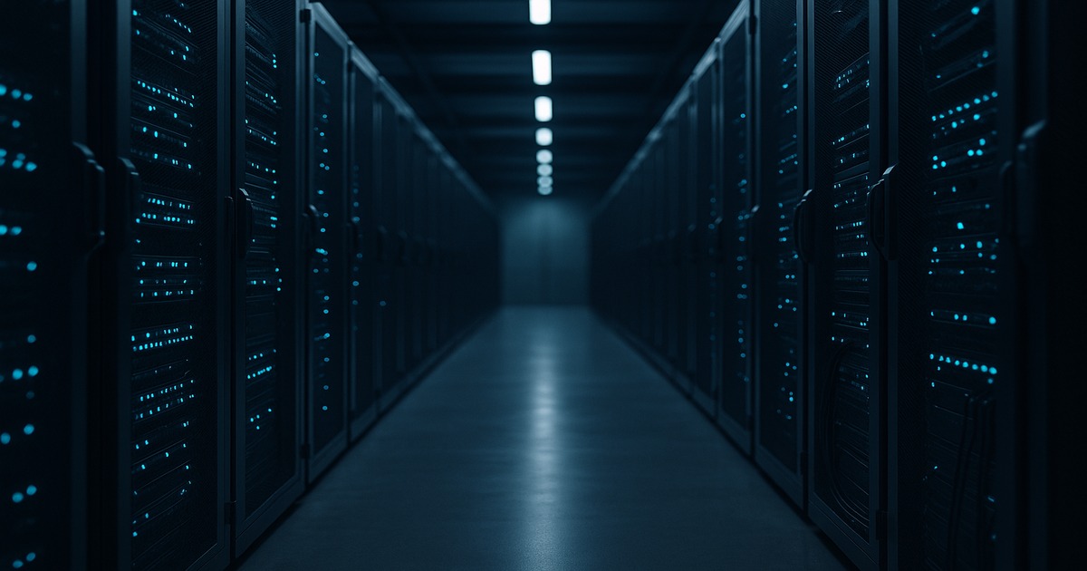 Modern data center aisle with tall server racks and subtle blue glow, shallow depth of field