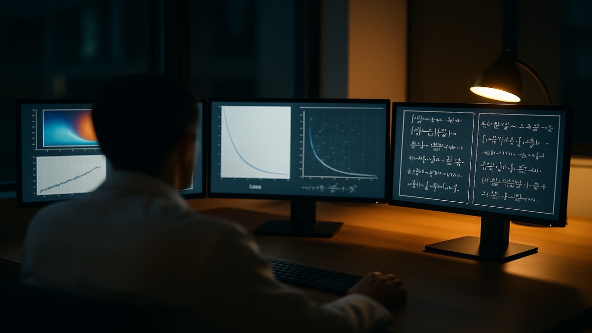 Research scientist at a desk with multiple monitors showing scientific plots and equations under warm lamp lighting