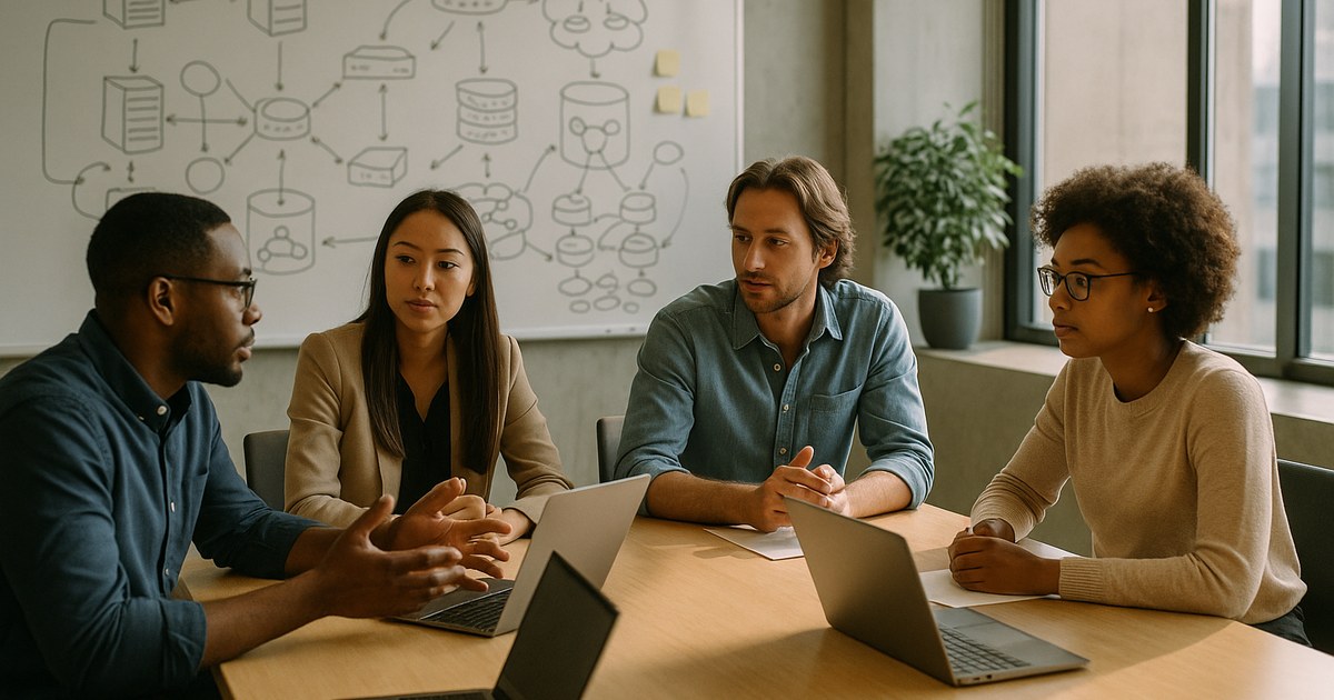 IT team planning a VMware to Proxmox VE migration at a conference table with laptops and network diagrams on a whiteboard