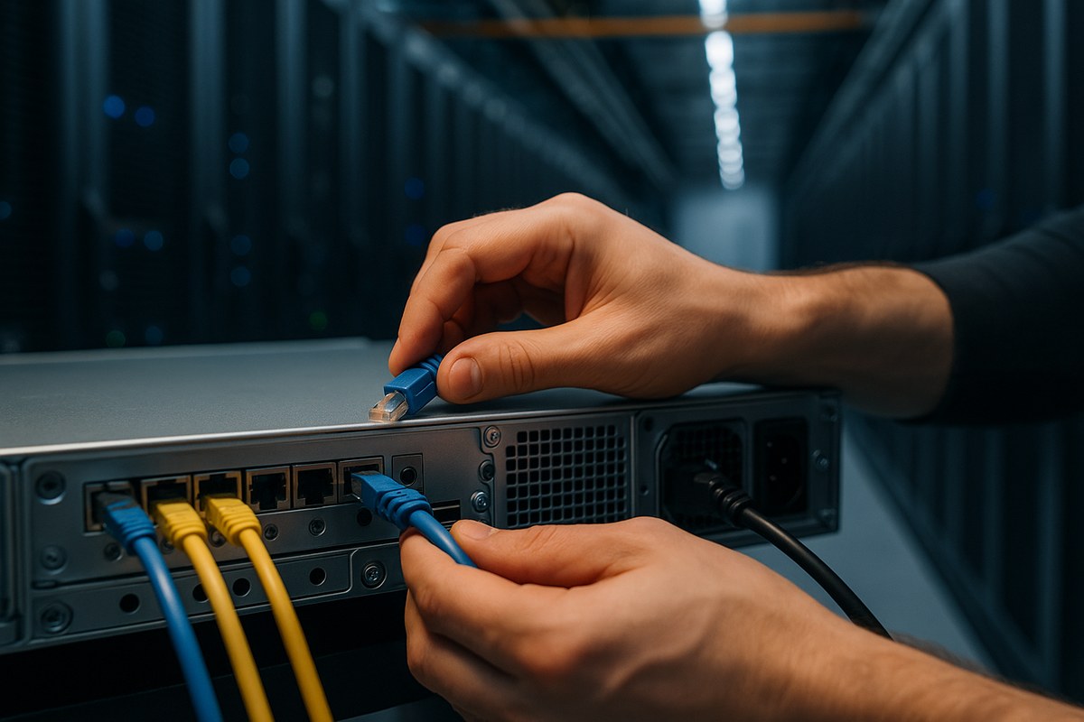Technician's hands connecting ethernet cables to the rear of a 2U rack server in a data center hot aisle