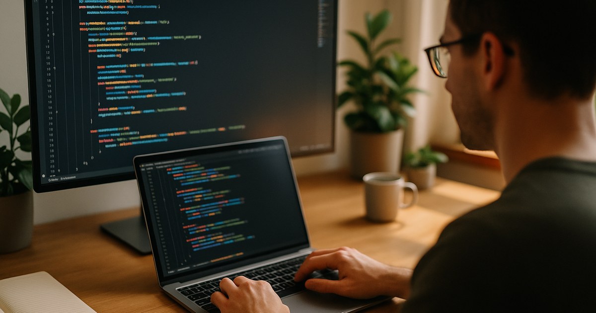 Developer at a modern home office using a laptop and large external monitor with code, afternoon light and desk plants.