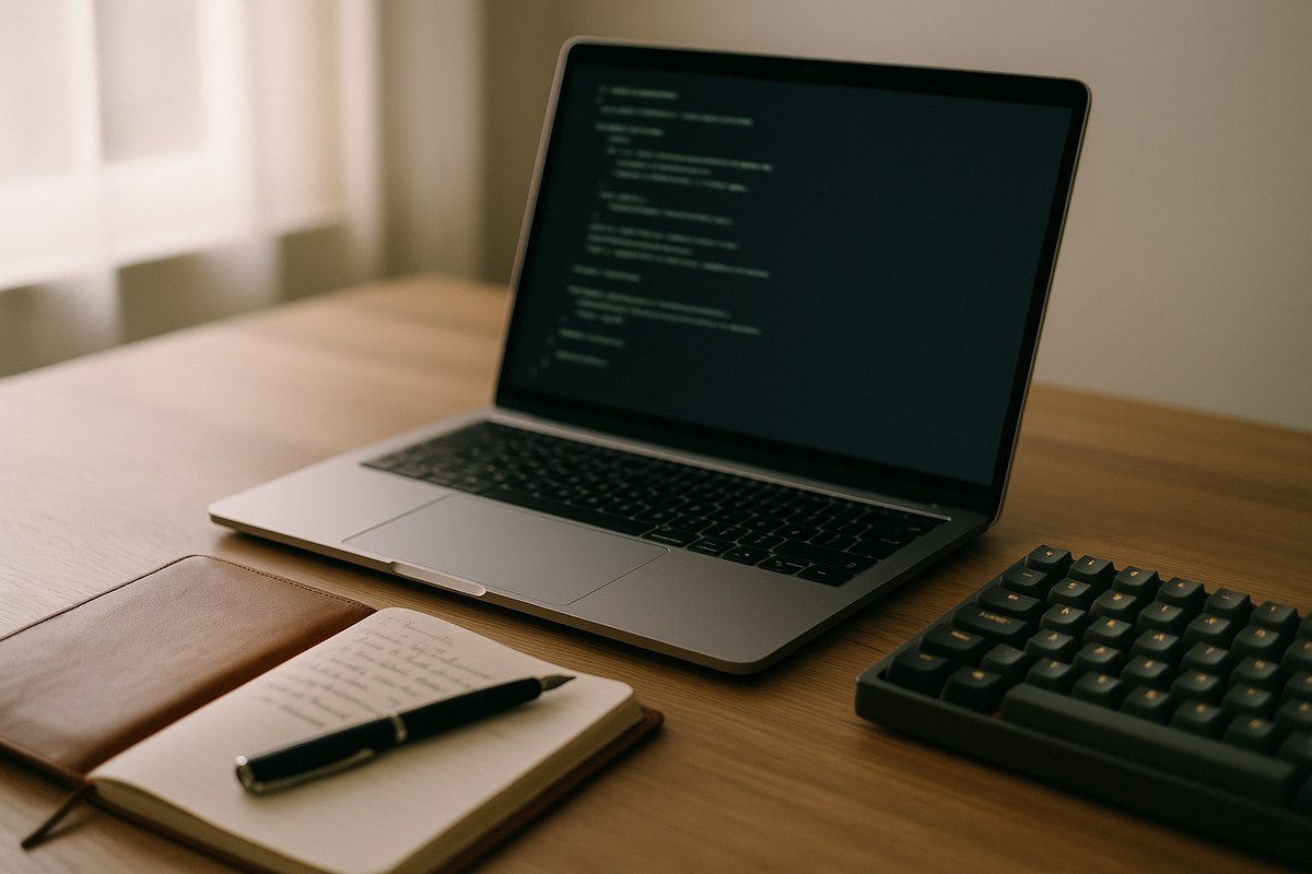 Minimalist desk with an open MacBook on a terminal, mechanical keyboard, and handwritten notebook in soft window light.