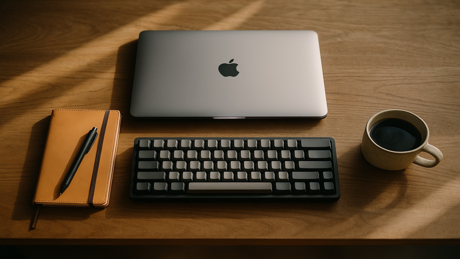 Overhead shot of a developer workspace with MacBook, notebook, mechanical keyboard, and coffee on a warm wood desk.