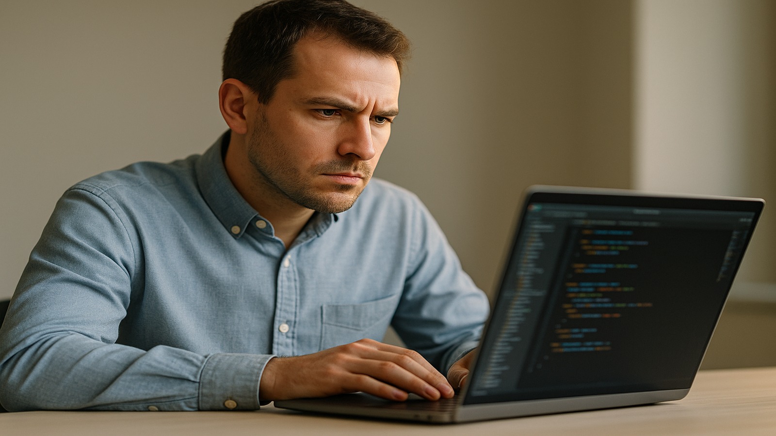 Cybersecurity reviewer focused on a laptop screen with code, warm office lighting, editorial portrait style.