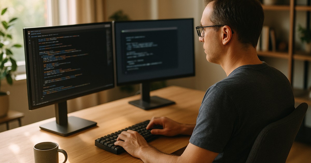 Developer at a clean home-office desk with three monitors showing code and a terminal in soft afternoon light