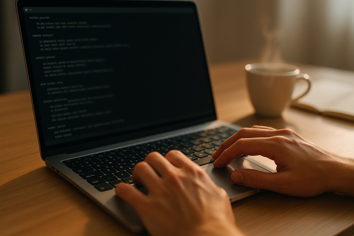 Close-up of a laptop running a dark-theme terminal with hands typing and a coffee cup on a wood desk
