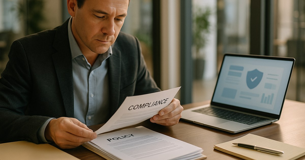 Compliance officer reviewing printed policy documents next to a laptop showing a secure dashboard, warm natural office light.