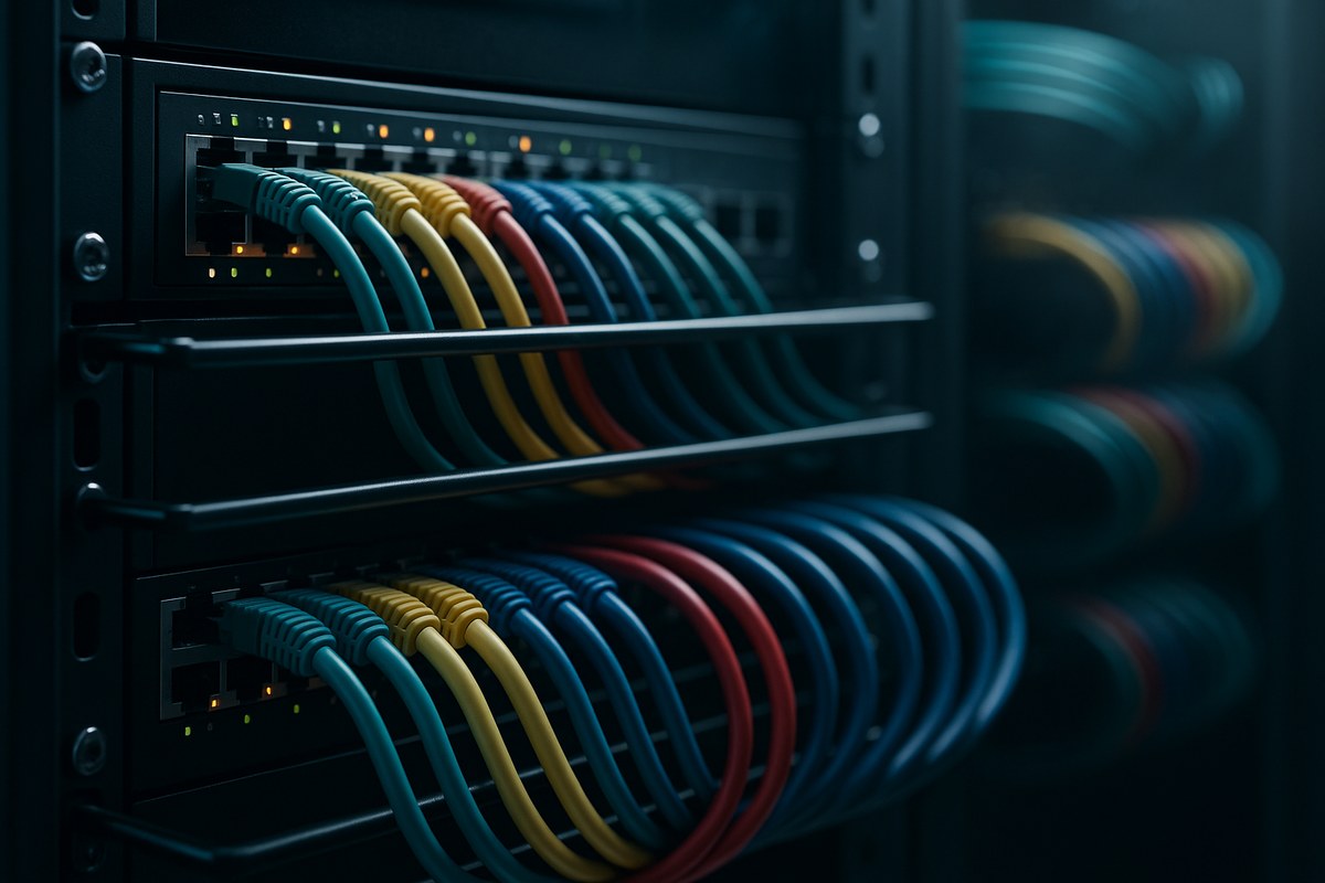 Enterprise server rack with neatly organized color-coded network cables and glowing switch status LEDs.