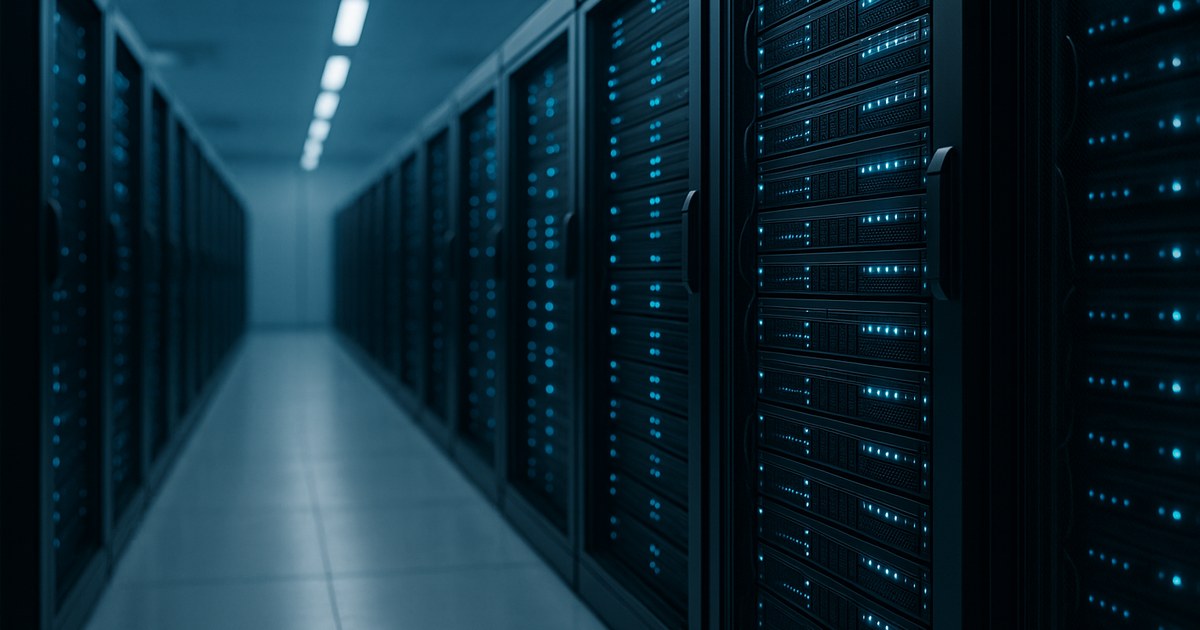 Rows of enterprise server racks in a cool, clean private data center with glowing status lights.