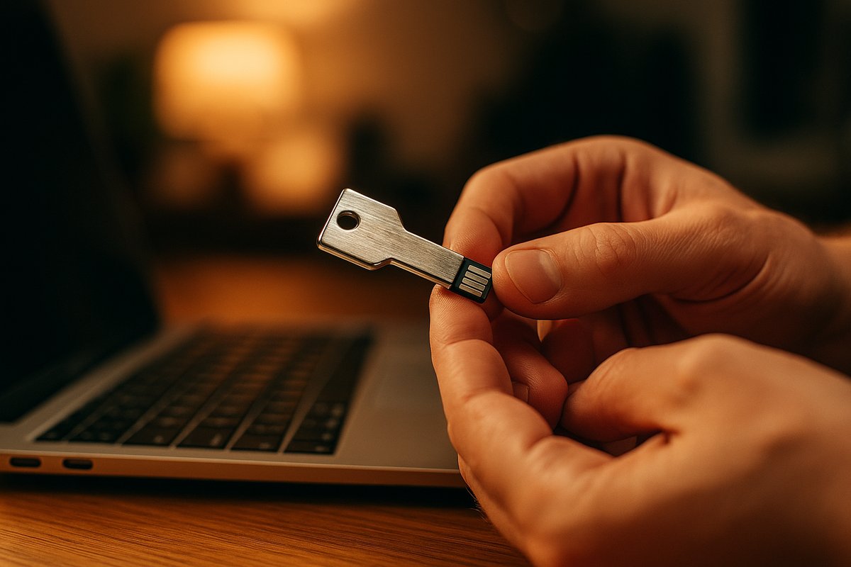 Hands holding a hardware security key next to an open laptop on a wooden desk.
