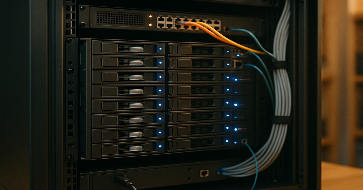 Home-lab server rack with enterprise hard drives, blue activity LEDs, organized Cat6 cabling, ambient light
