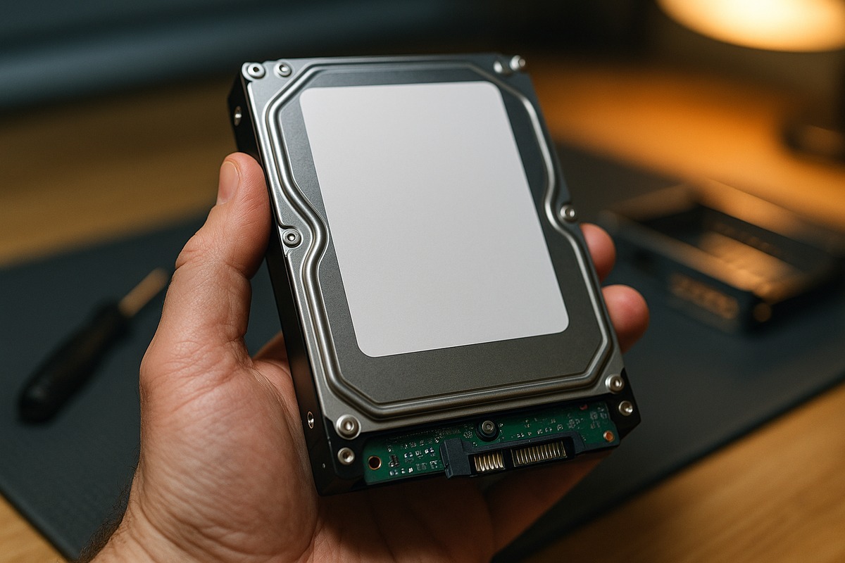 Administrator hand holding a 3.5-inch enterprise SATA drive, PCB visible, workbench with disk caddy blurred