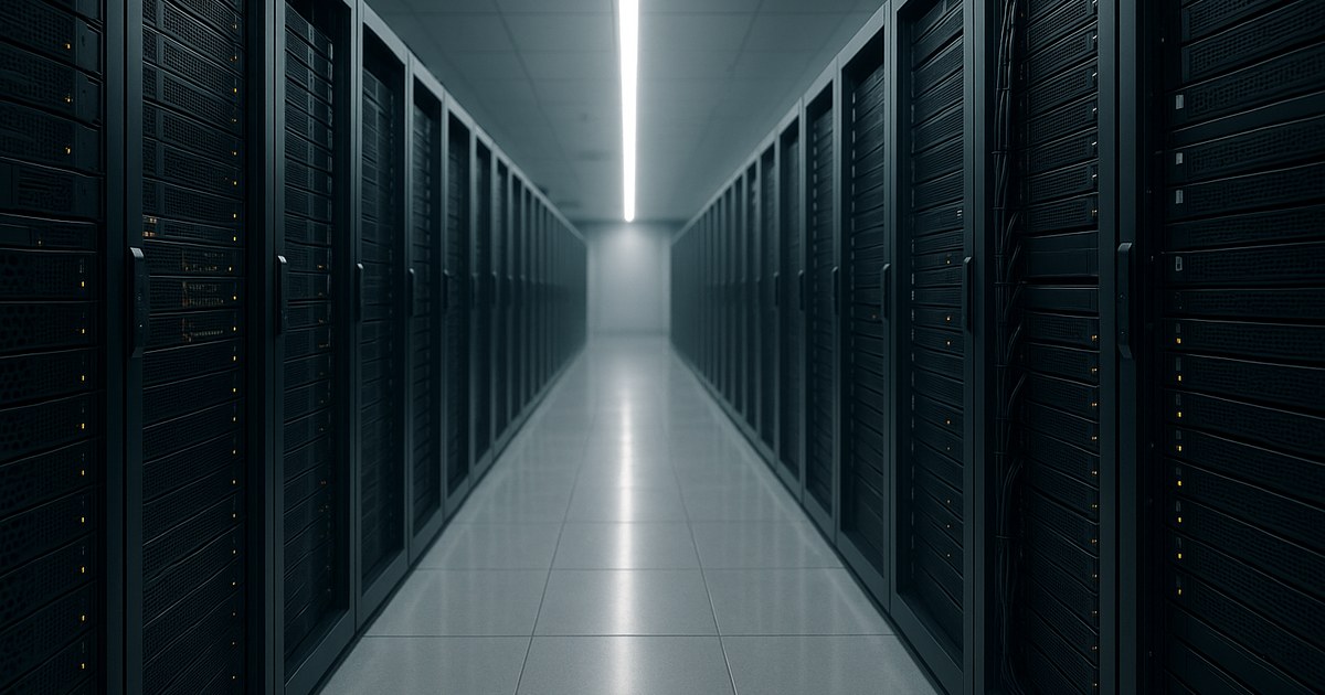 Modern enterprise server room corridor with tall racks lining both sides under cool white LED lighting.