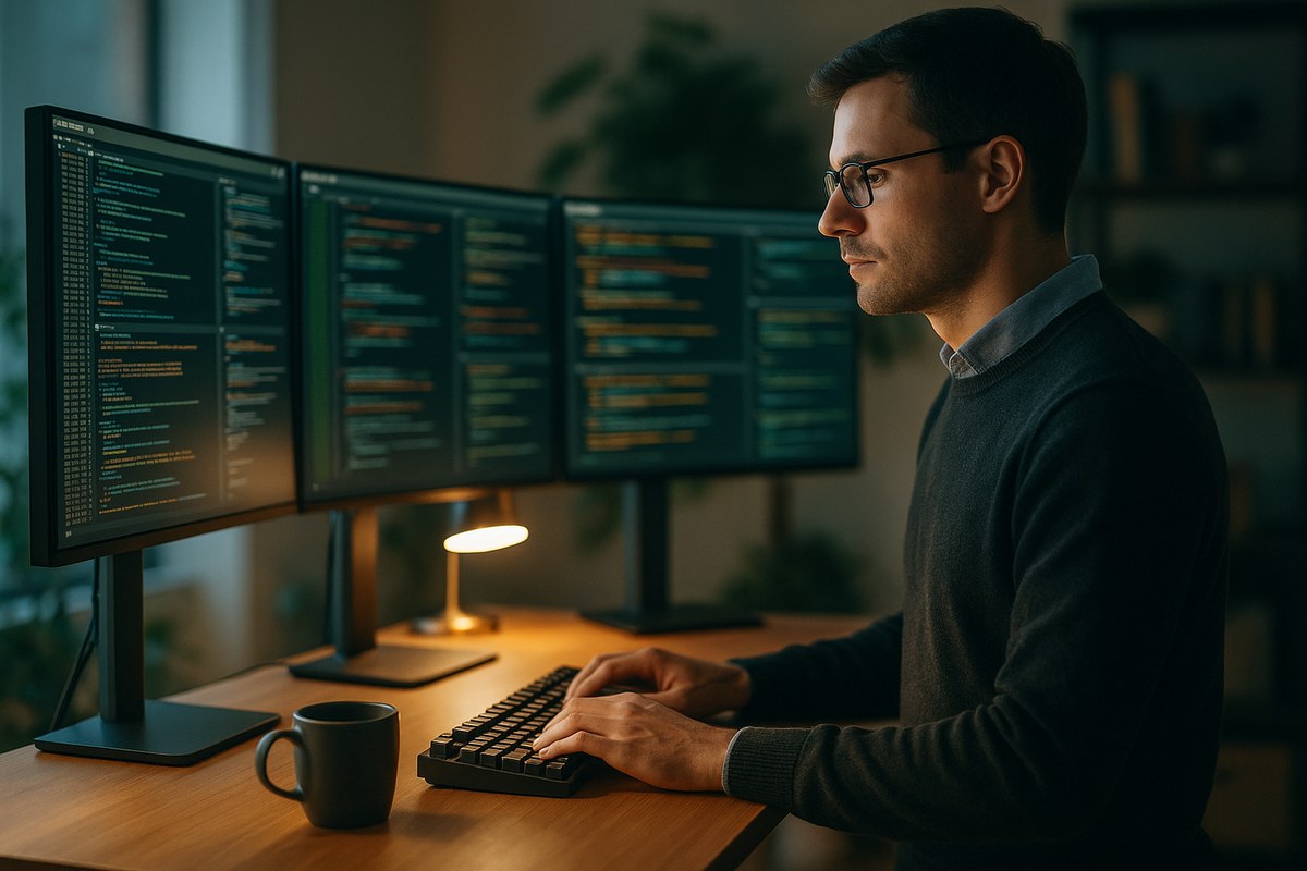Systems engineer at a standing desk with three monitors displaying terminal windows, focused work atmosphere.