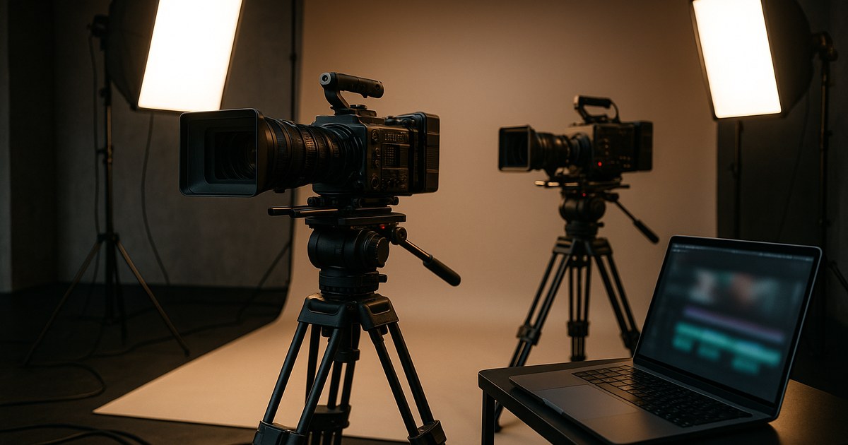 Professional video production studio with cinema cameras, softbox lighting, and an open laptop on a side table.
