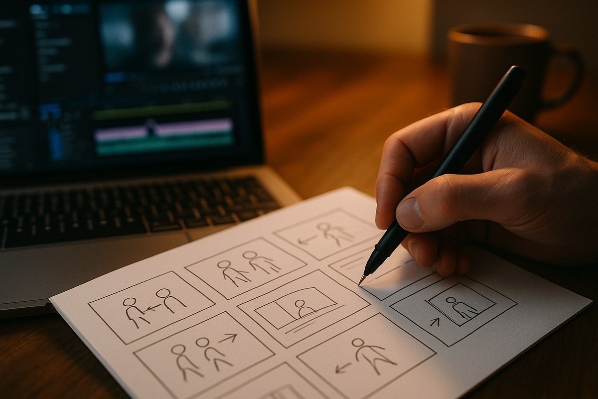 Hand drawing a six-panel storyboard on paper next to a laptop showing a blurred video editing timeline, warm lamp light.