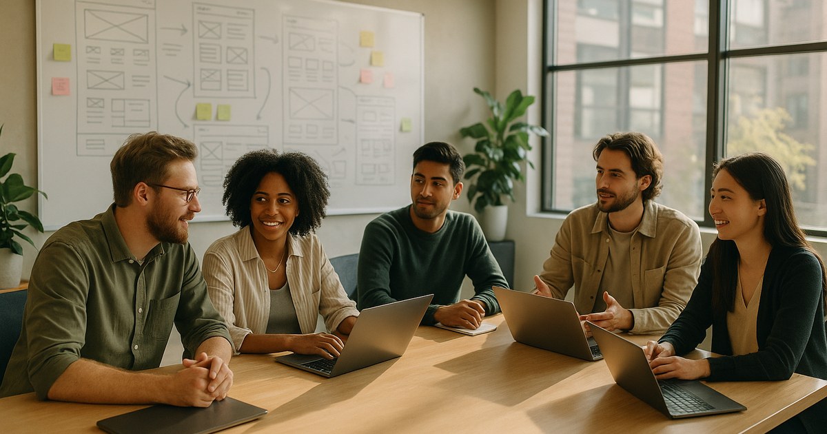 Web developer team reviewing website migration wireframes on a whiteboard in a bright modern office