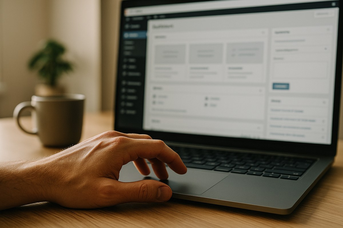 Hand on a laptop trackpad navigating a WordPress admin dashboard on an external monitor in a clean office